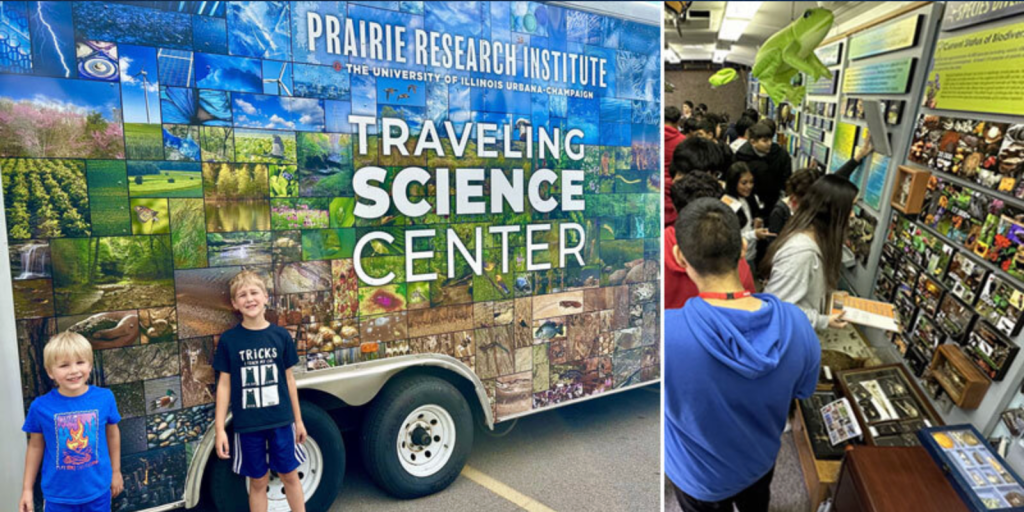 Two boys stand in front of Traveling Science Center; inside of TSC filled with kids (inset).