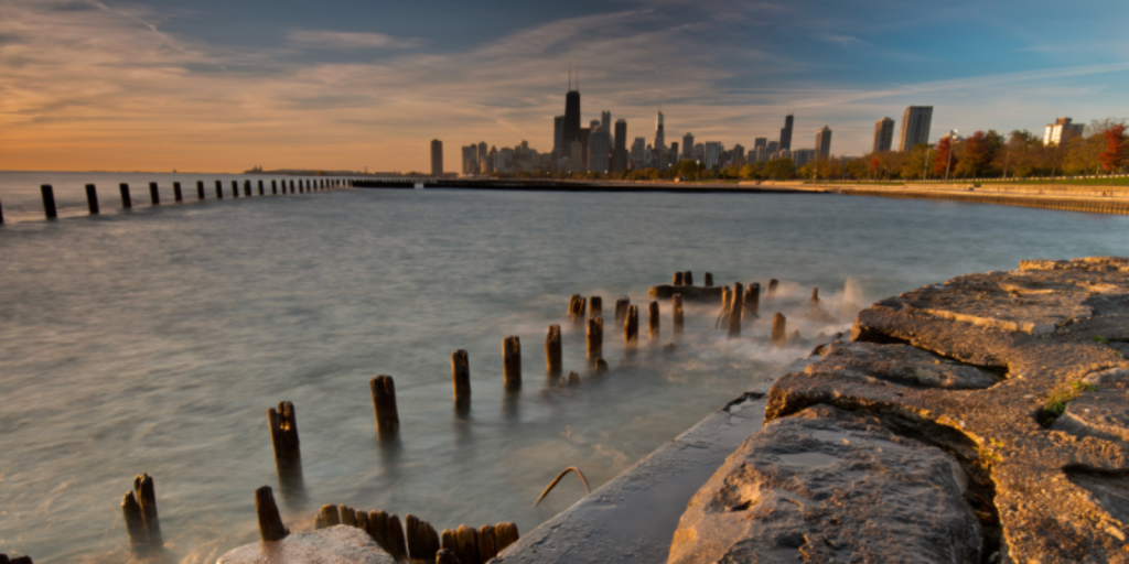 Lake Michigan shoreline, Chicago in distance.