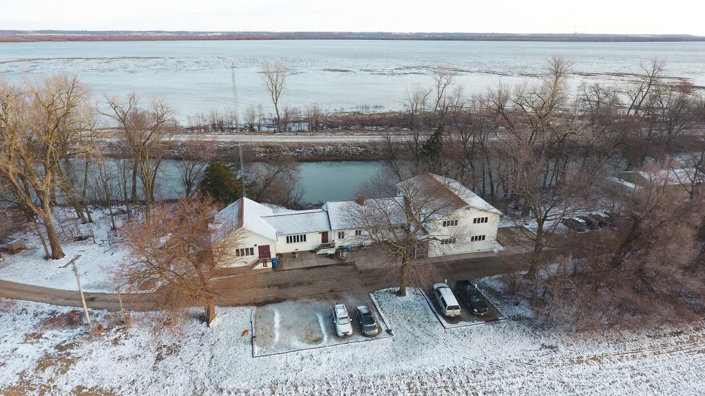 Aerial view of Forbes Biological Station in winter.