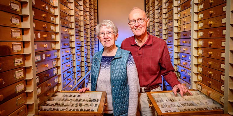 Man and woman stand between collection drawers.